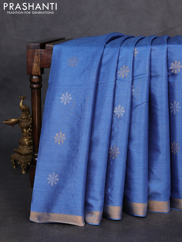 Banana silk saree blue with silver & gold zari woven buttas and zari woven border