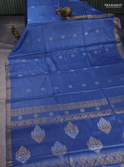 Banana silk saree blue with silver & gold zari woven buttas and zari woven border