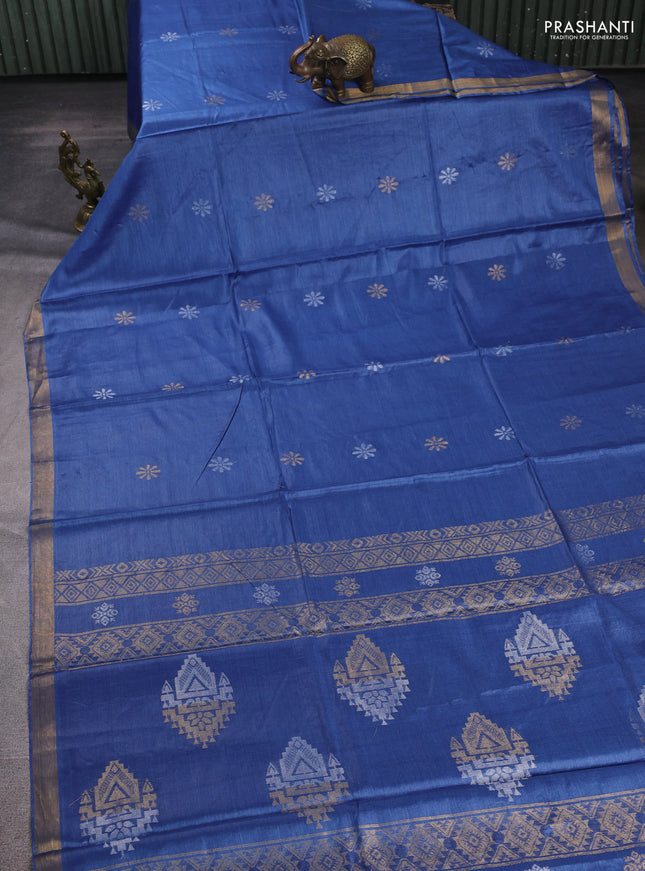 Banana silk saree blue with silver & gold zari woven buttas and zari woven border