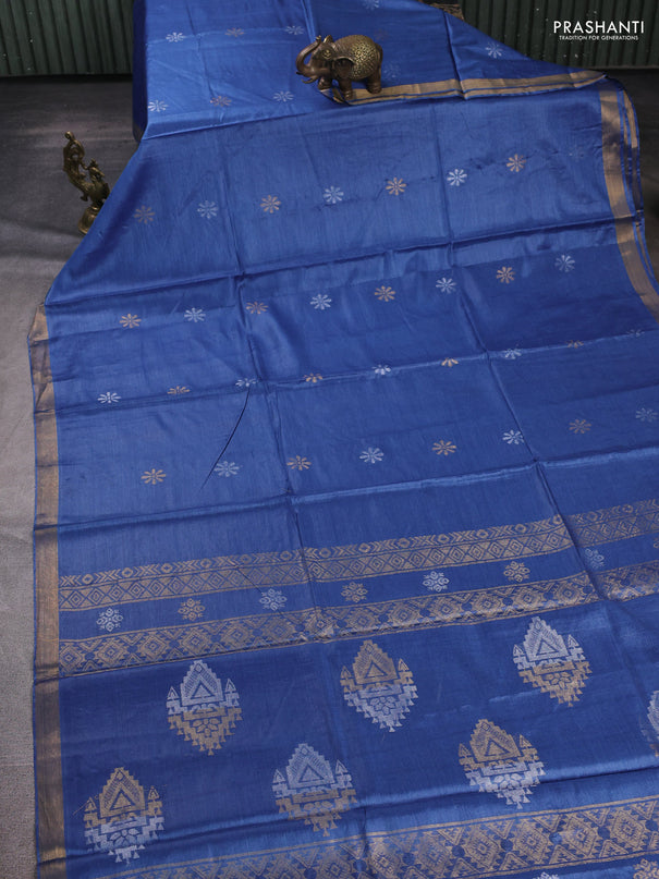 Banana silk saree blue with silver & gold zari woven buttas and zari woven border