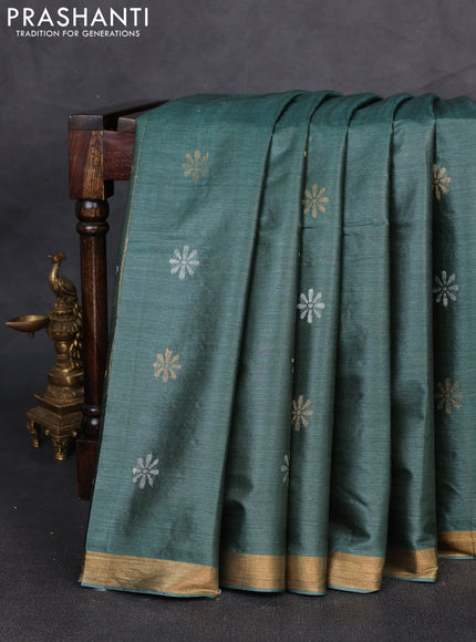 Banana silk saree green with silver & gold zari woven buttas and zari woven border