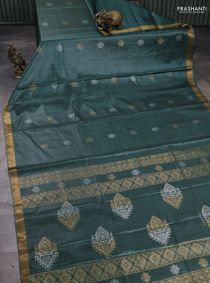 Banana silk saree green with silver & gold zari woven buttas and zari woven border