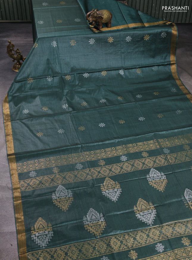 Banana silk saree green with silver & gold zari woven buttas and zari woven border