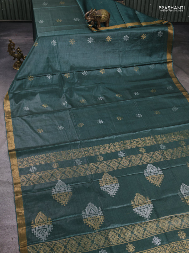 Banana silk saree green with silver & gold zari woven buttas and zari woven border