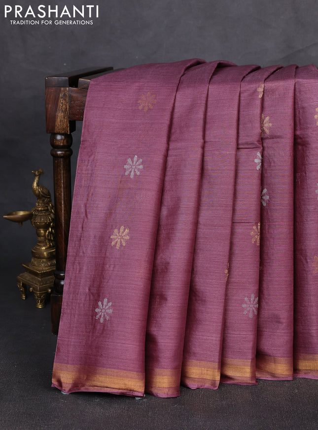 Banana silk saree wine shade with silver & gold zari woven buttas and zari woven border