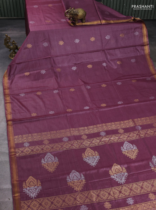 Banana silk saree wine shade with silver & gold zari woven buttas and zari woven border