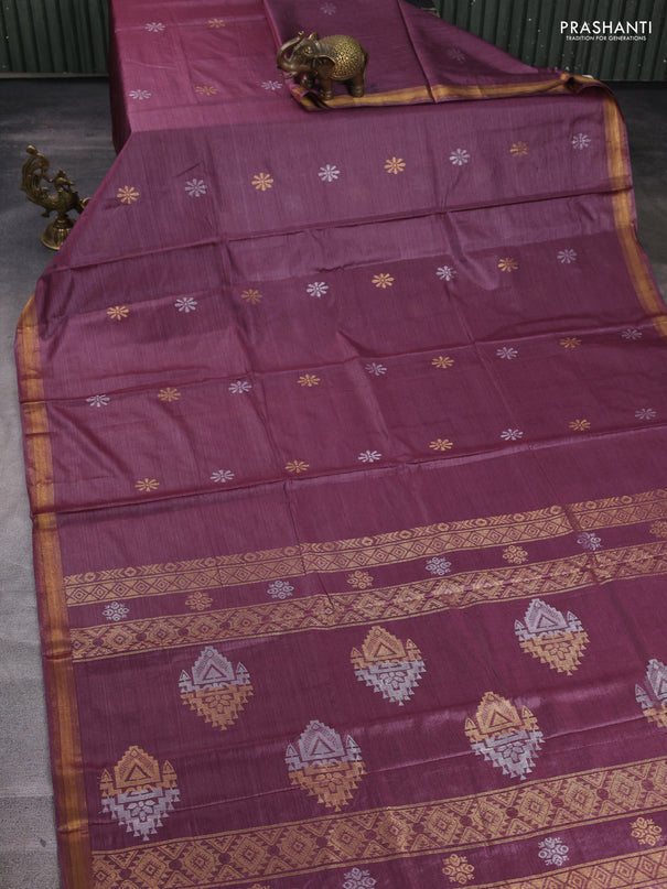 Banana silk saree wine shade with silver & gold zari woven buttas and zari woven border