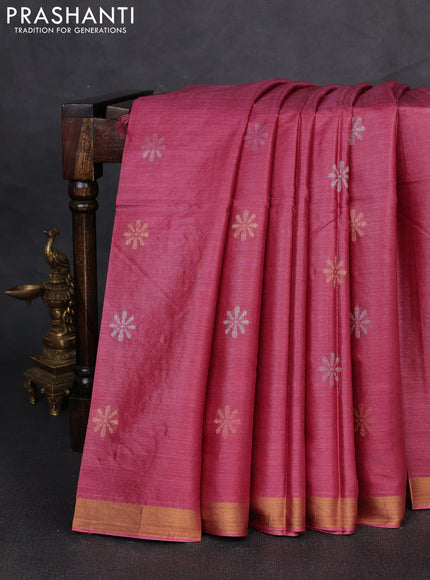 Banana silk saree pink with silver & gold zari woven buttas and zari woven border