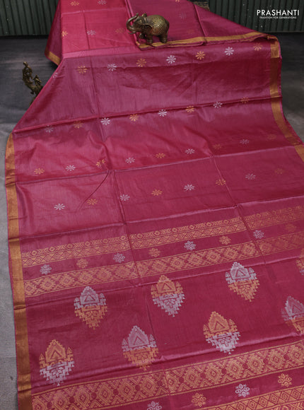 Banana silk saree pink with silver & gold zari woven buttas and zari woven border