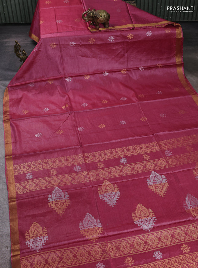Banana silk saree pink with silver & gold zari woven buttas and zari woven border