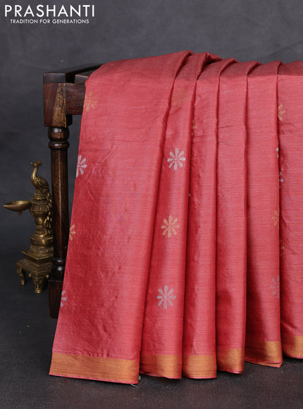 Banana silk saree maroon with silver & gold zari woven buttas and zari woven border