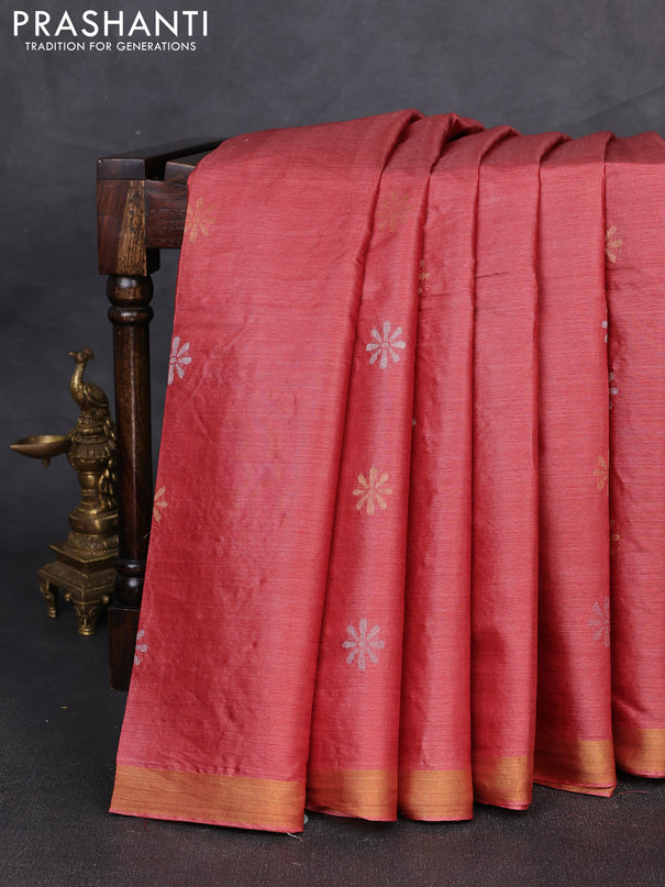 Banana silk saree maroon with silver & gold zari woven buttas and zari woven border