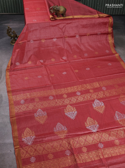 Banana silk saree maroon with silver & gold zari woven buttas and zari woven border