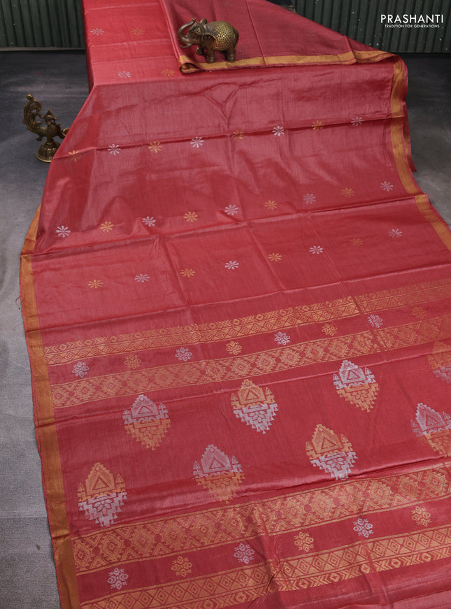Banana silk saree maroon with silver & gold zari woven buttas and zari woven border