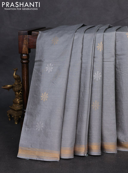 Banana silk saree grey with silver & gold zari woven buttas and zari woven border