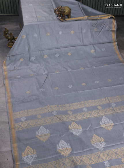 Banana silk saree grey with silver & gold zari woven buttas and zari woven border