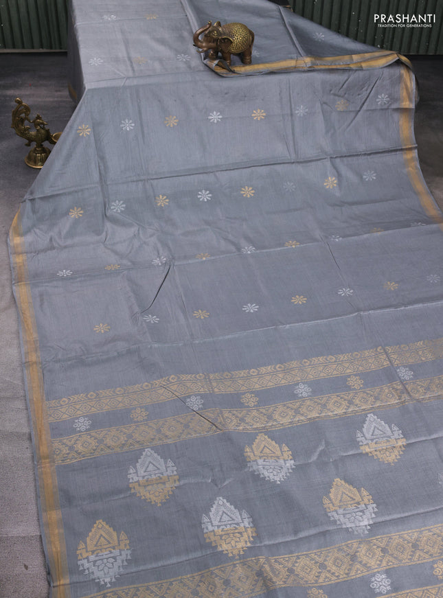 Banana silk saree grey with silver & gold zari woven buttas and zari woven border