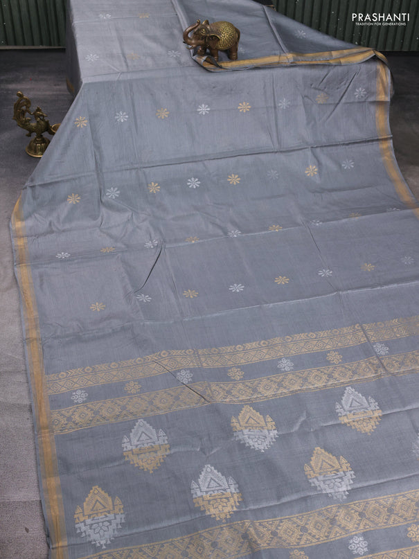 Banana silk saree grey with silver & gold zari woven buttas and zari woven border
