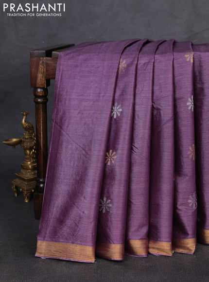 Banana silk saree purple with silver & gold zari woven buttas and zari woven border