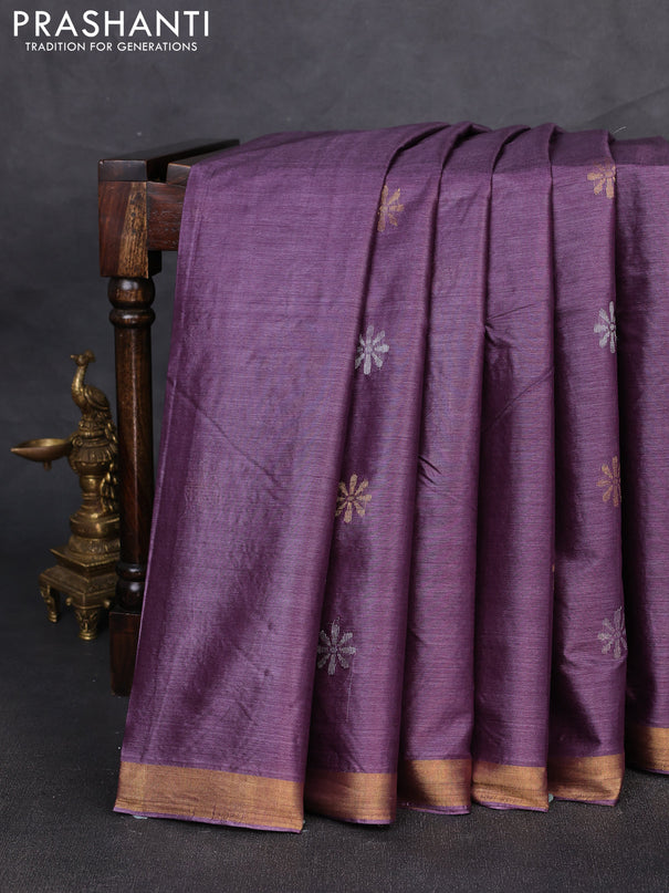 Banana silk saree purple with silver & gold zari woven buttas and zari woven border