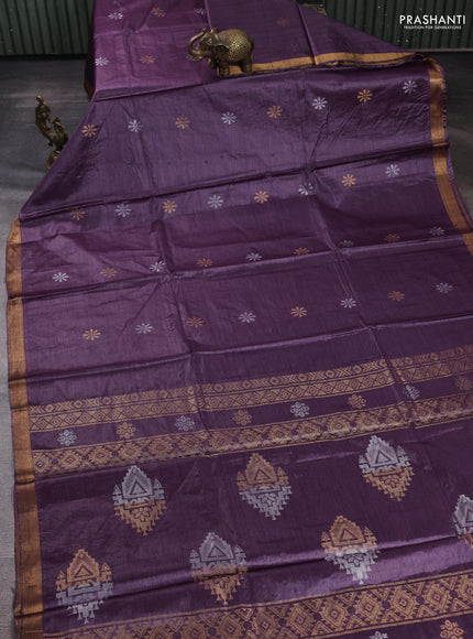 Banana silk saree purple with silver & gold zari woven buttas and zari woven border