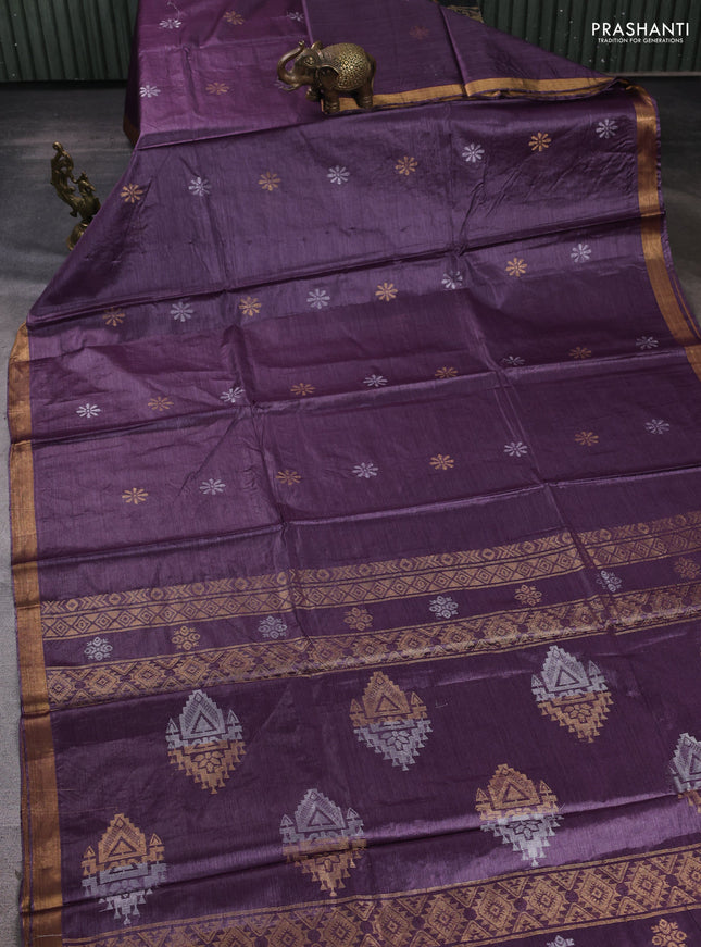Banana silk saree purple with silver & gold zari woven buttas and zari woven border