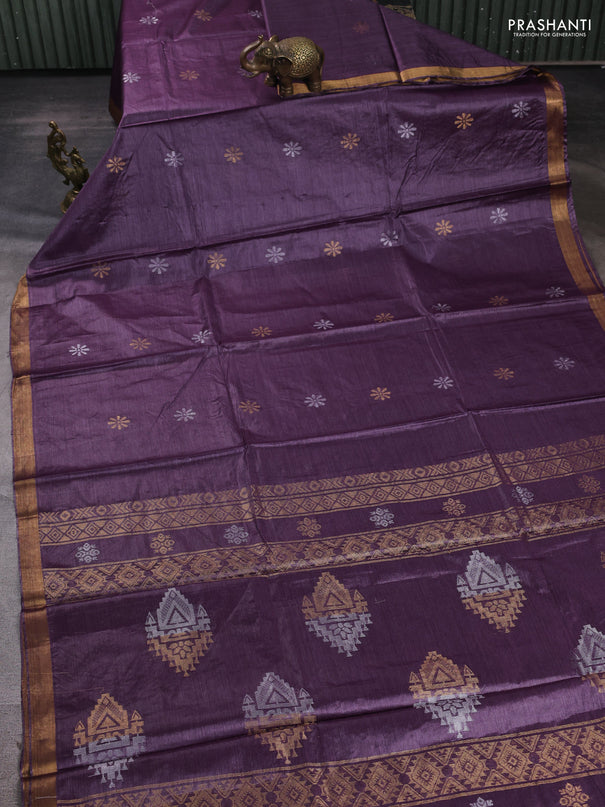 Banana silk saree purple with silver & gold zari woven buttas and zari woven border