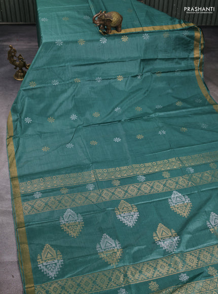 Banana silk saree green with silver & gold zari woven buttas and zari woven border