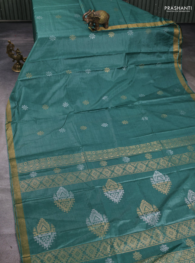 Banana silk saree green with silver & gold zari woven buttas and zari woven border