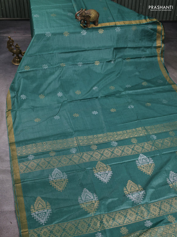 Banana silk saree green with silver & gold zari woven buttas and zari woven border