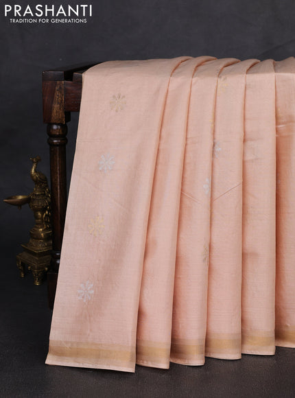 Banana silk saree peach shade with silver & gold zari woven buttas and zari woven border