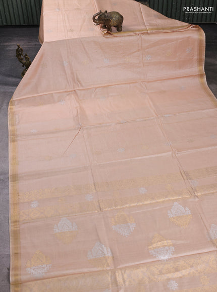 Banana silk saree peach shade with silver & gold zari woven buttas and zari woven border