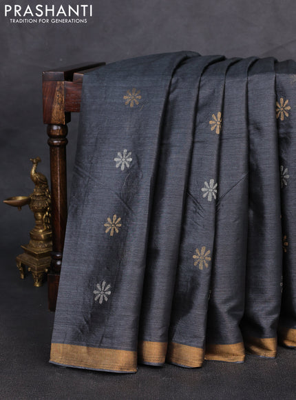 Banana silk saree elephant grey with silver & gold zari woven buttas and zari woven border