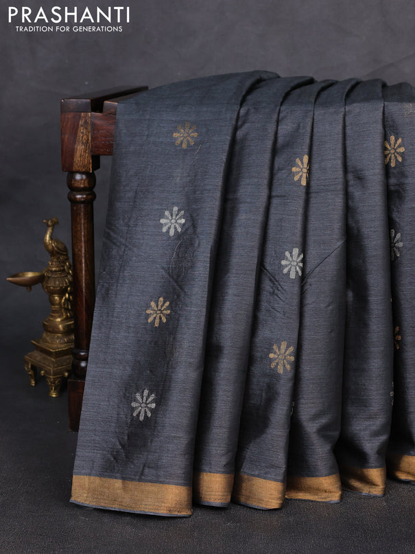 Banana silk saree elephant grey with silver & gold zari woven buttas and zari woven border