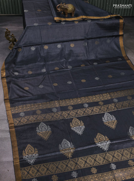 Banana silk saree elephant grey with silver & gold zari woven buttas and zari woven border