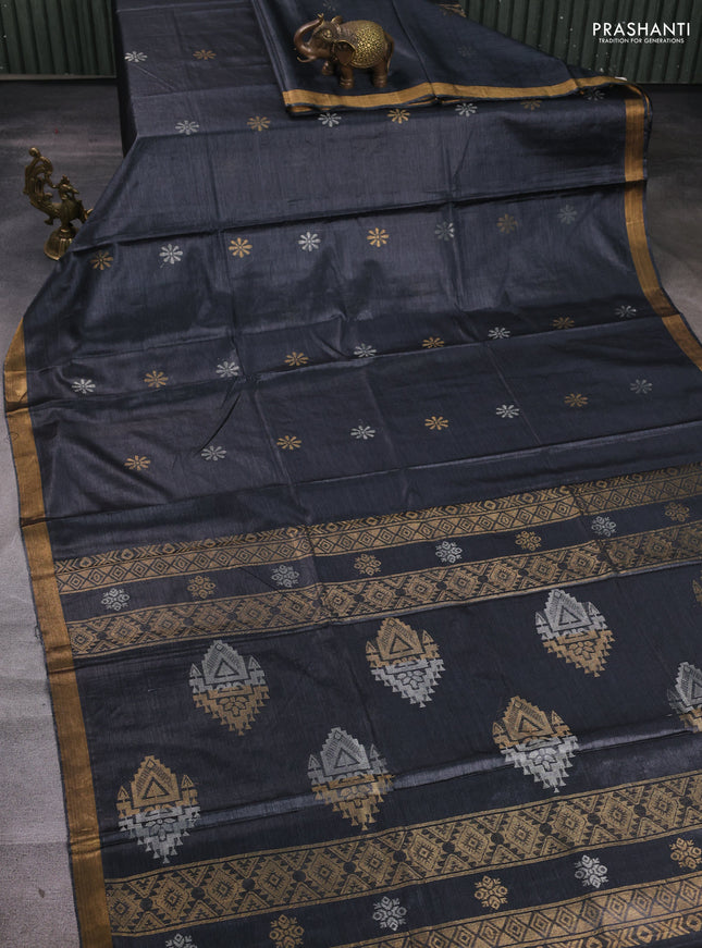 Banana silk saree elephant grey with silver & gold zari woven buttas and zari woven border