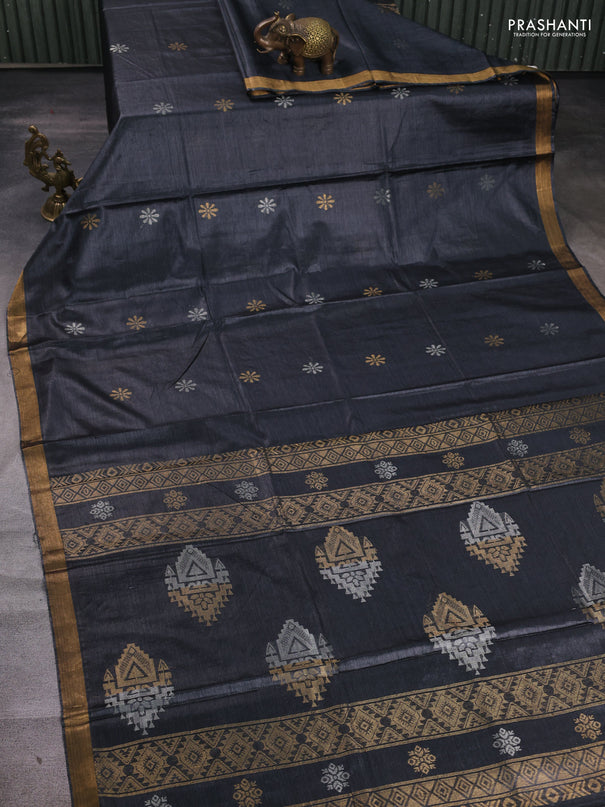 Banana silk saree elephant grey with silver & gold zari woven buttas and zari woven border