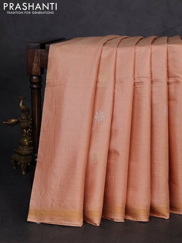Banana silk saree sandal with silver & gold zari woven buttas and zari woven border