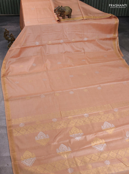 Banana silk saree sandal with silver & gold zari woven buttas and zari woven border