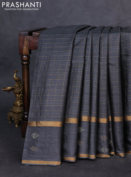 Banana silk saree elephant grey with allover zari woven checked pattern and zari woven butta border