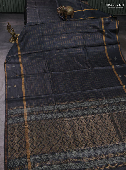 Banana silk saree elephant grey with allover zari woven checked pattern and zari woven butta border
