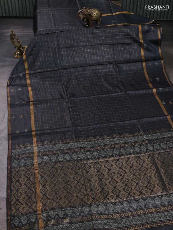 Banana silk saree elephant grey with allover zari woven checked pattern and zari woven butta border