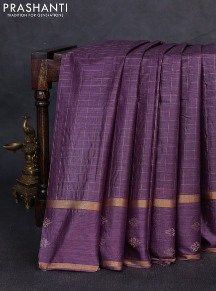 Banana silk saree purple with allover zari woven checked pattern and zari woven butta border