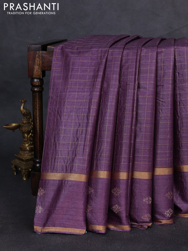 Banana silk saree purple with allover zari woven checked pattern and zari woven butta border