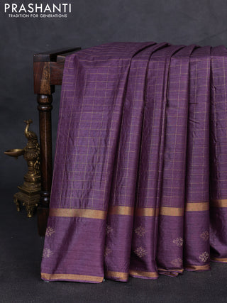 Banana silk saree purple with allover zari woven checked pattern and zari woven butta border