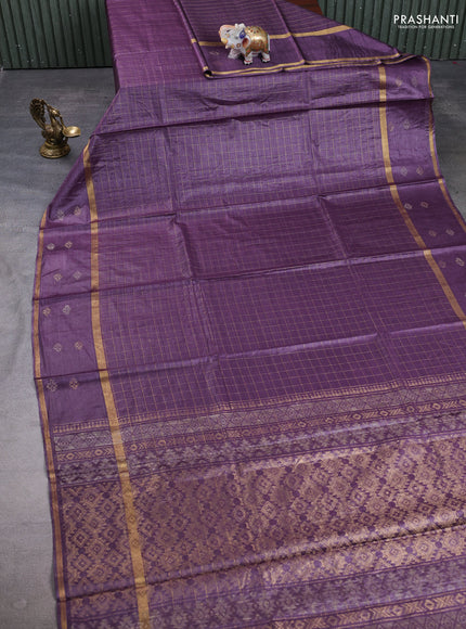 Banana silk saree purple with allover zari woven checked pattern and zari woven butta border