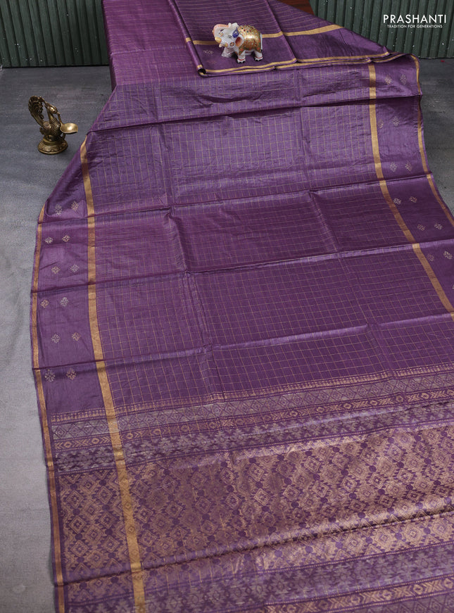 Banana silk saree purple with allover zari woven checked pattern and zari woven butta border