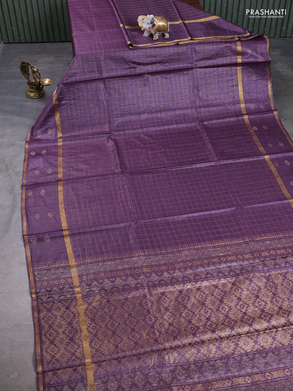 Banana silk saree purple with allover zari woven checked pattern and zari woven butta border