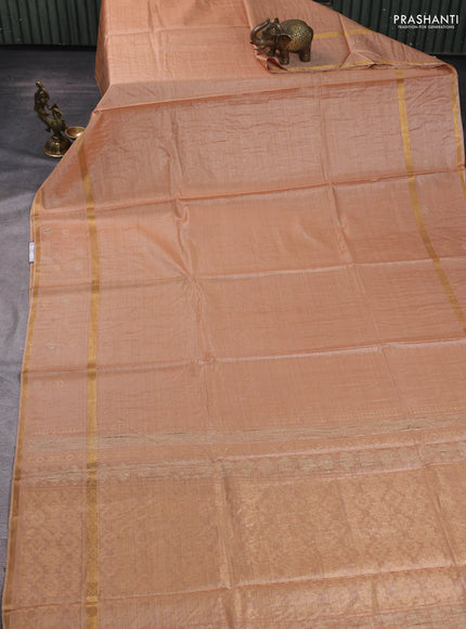 Banana silk saree sandal with allover zari woven checked pattern and zari woven butta border