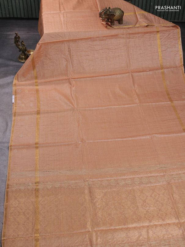 Banana silk saree sandal with allover zari woven checked pattern and zari woven butta border